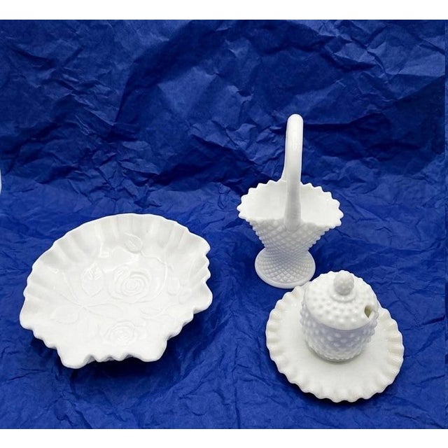 Elevate your home decor with this exceptional, curated 5-piece collection of authentic mid-century American white milk...