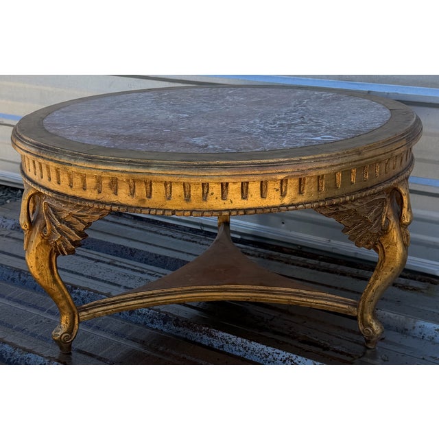 Wood Vintage Neoclassical Style Gilt Wood Coffee Table With Marble Top – French Empire Inspired For Sale - Image 7 of 16