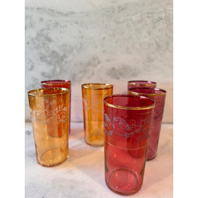 Set of 6 mid century tall glasses with overshot embossed/raised lacy vine and floral design and gold trim. There are 4...