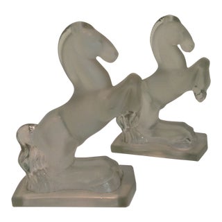 Vintage Fostoria Frosted Glass Bucking Horse Bookends - a Pair For Sale