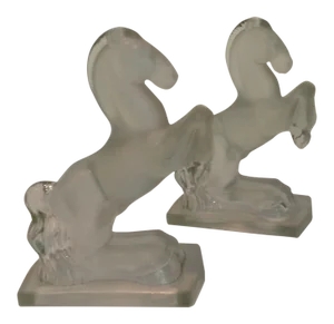 Vintage Fostoria Frosted Glass Bucking Horse Bookends - a Pair