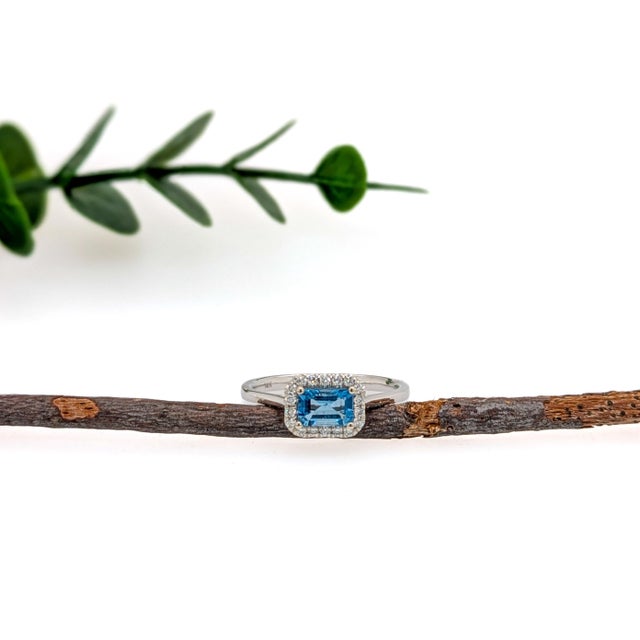 Modern East West Aquamarine Ring With Earth Mined Diamonds Halo: Solid 14k Gold, Size 6.75 For Sale - Image 3 of 6