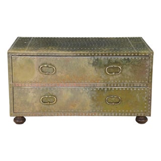 1970s Sarreid Brass Clad Nailhead Dresser Chest of Drawers Campaign Console 34" For Sale
