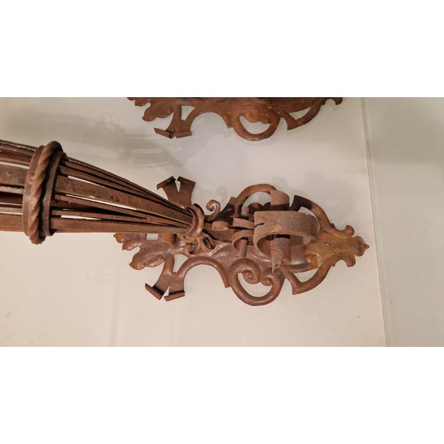Brown Large Wrought Iron Wall Lamps with Floral Motifs, 1920s, Set of 2 For Sale - Image 8 of 12