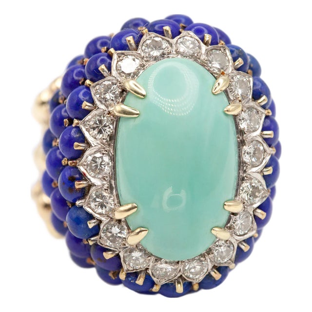 Vintage 14k Yellow Gold Diamond Turquoise Lapis Cocktail Ring C. 1960s, Size 7.5 For Sale