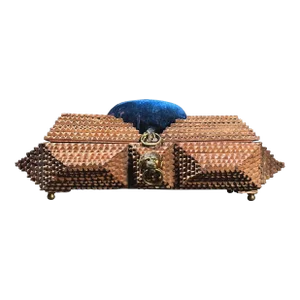 Antique Tramp Art Jewelry Box With Blue Velvet Pincushion