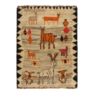 1950s Vintage Gabbeh Tribal Rug in Beige With Orange Pictorial Patterns