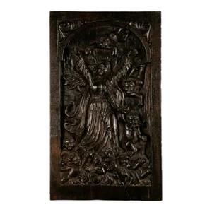 18th Century Spanish Colonial Religious Carved Wood Bas Relief Panel - Nuestra Señora Reina De Los Ángeles