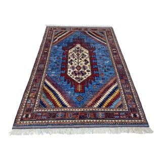 Sky Blue Kazak Medallion Handmade Wool Rug 5x8 For Sale