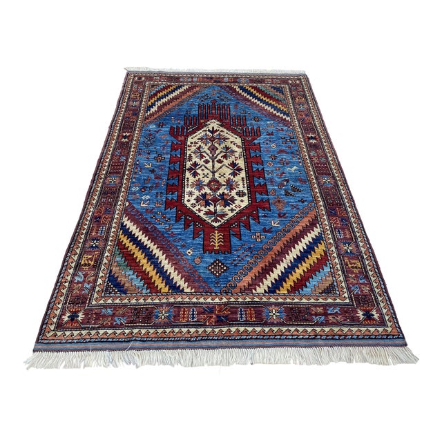 Sky Blue Kazak Medallion Handmade Wool Rug 5x8 For Sale
