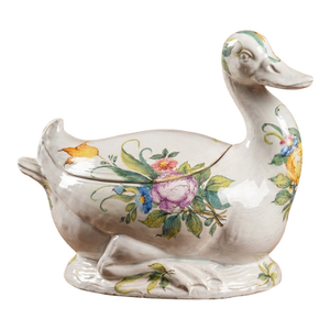 Late 20th Century Italian Ceramic Figural Duck Tureen With Hand-Painted Floral Decoration