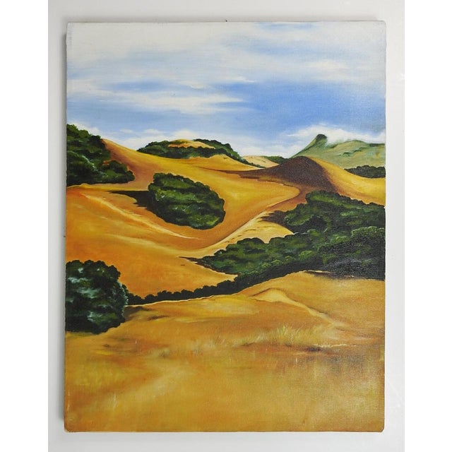 Late 20th century acrylic on canvas painting of golden hillside landscape. Unsigned. Unframed.