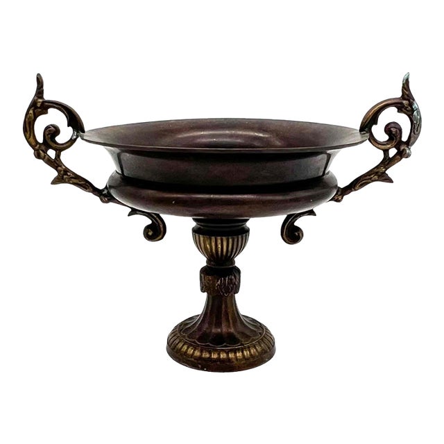 Antique Heavy Metal Gothic Revival Trophy Urn Bowl With Ornate Scroll Handles – Neoclassical / Gothic For Sale