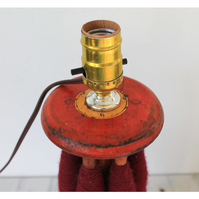 Wood Vintage Farmhouse Style Thread Spool Spindle Bobbin Table Lamp W/ Shade For Sale - Image 7 of 11