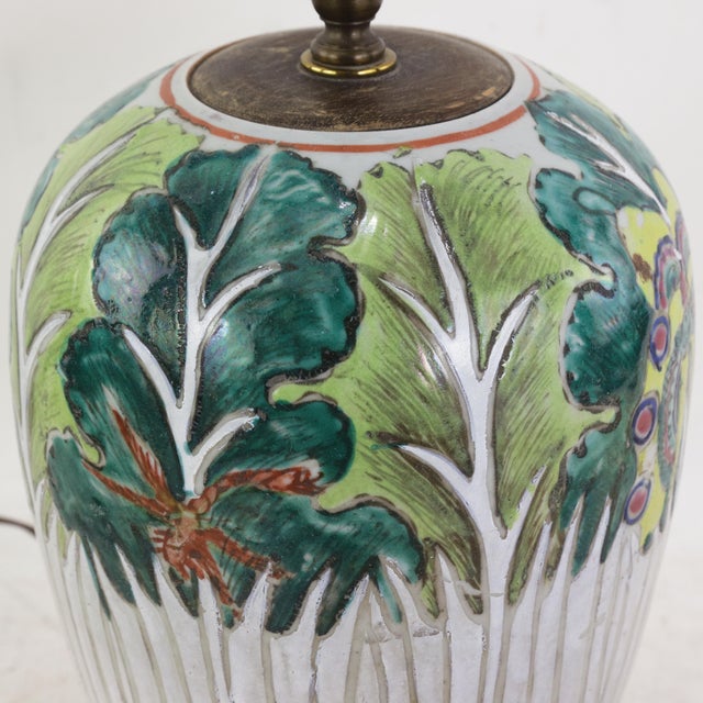 Antique Chinese Famille Rose Bok Choy Porcelain Table Lamp With Cabbage Leaf and Butterfly Motif For Sale - Image 12 of 16