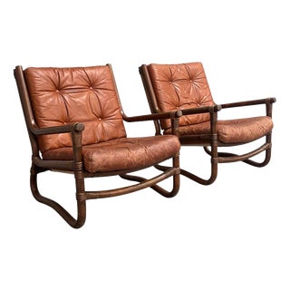 Vintage Bamboo and Leather Chairs, 1970s, Set of 2 For Sale