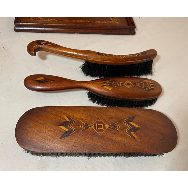 Folk Art 4 Piece Antique Handmade Folk Art Marquetry Wood Brush Vanity Grooming Set For Sale - Image 3 of 12