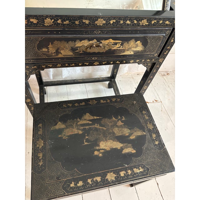 Vintage Chinoiserie Black Lacquer Folding Dressing Table/Vanity With Original Mirror and Matching Stool, 2 Pieces For Sale In Philadelphia - Image 6 of 10