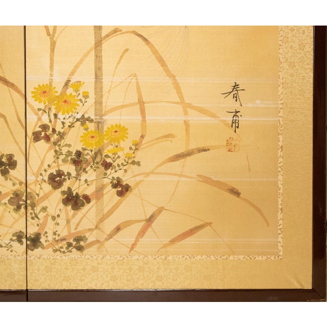 "Tit and Chrysanthemums", Showa Era Japanese Painted Silk Bybu Screen For Sale - Image 13 of 18