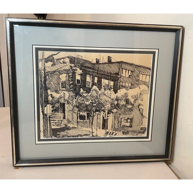 Abstract Expressionism Vintage 75' Original S. Stirling Stylized Ink Drawing Apartment Cityscape Sketch For Sale - Image 3 of 12