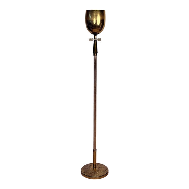 Vintage Art Deco Brass Greek Keyhole Chalice Torchiere Floor Lamp For Sale