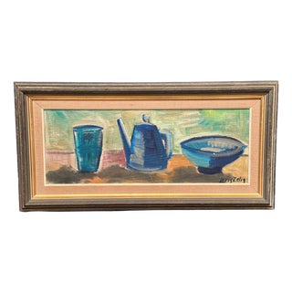Louis Zelig, Kettle Bowl and Glass, 1950s, Oil Painting on Panel, Framed For Sale