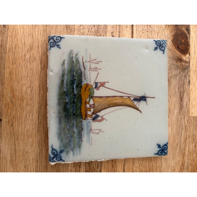 Printmaking Materials Rescued Vintage 1974 Set of Eight (8) Hand Painted Dutch Delft Polychrome Tiles Sailing Ships For Sale - Image 7 of 9