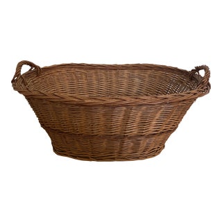 Vintage European Wicker Laundry Basket With Handles For Sale
