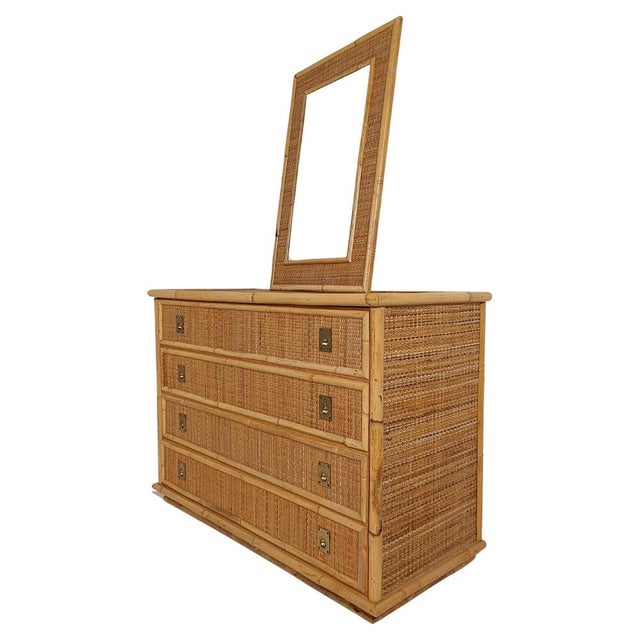 Italian Chest of Drawers with Mirror in Bamboo Wicker & Brass attributed to Dal Vera, 1970s For Sale - Image 18 of 18