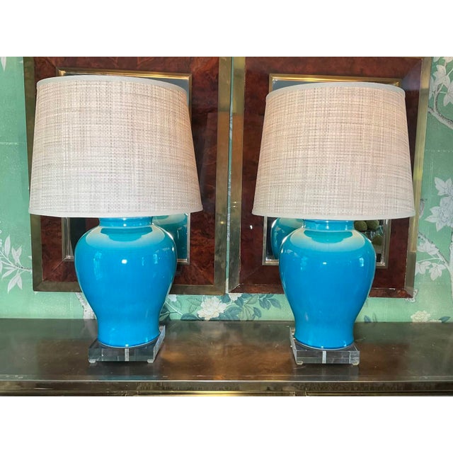 Traditional Contemporary Pair of Turquoise Ceramic Table Lamps For Sale - Image 3 of 10