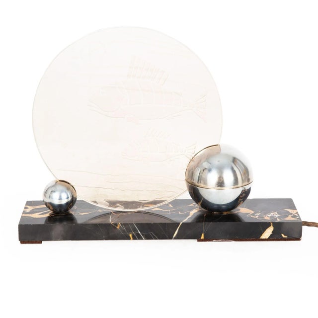 ART DECO CHROME, ETCHED-GLASS AND MARBLE LUMIERE TABLE LIGHT France, circa 1930s | unmarked Item # 311FWS30K This rich...