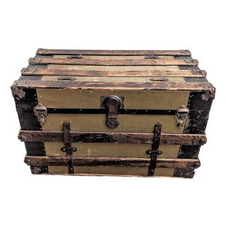 19th Century American Canvas and Oak Flat-Top Steamer Trunk With Lithograph Interior For Sale