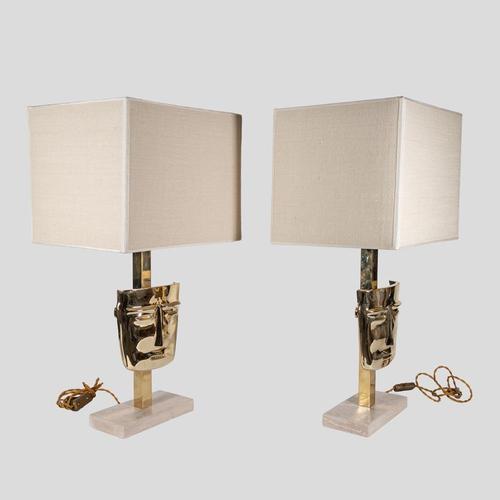 Vintage Brass Sculpture Face Mask Table Lamps, 1970s, Set of 2 For Sale - Image 10 of 11