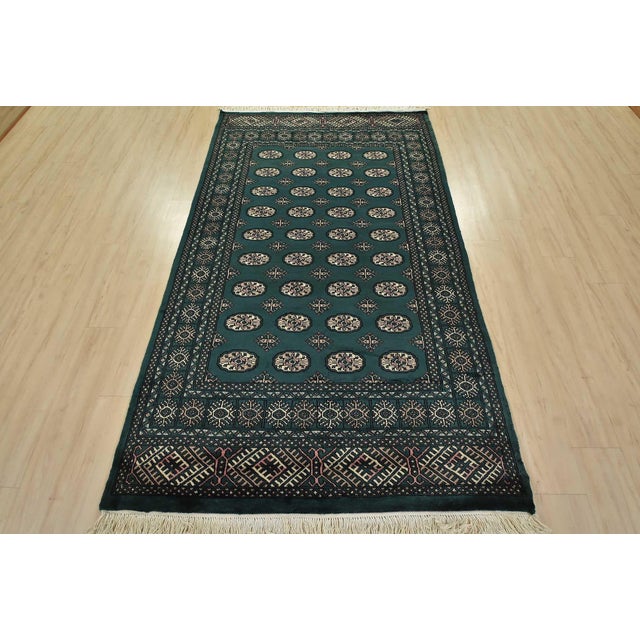 Cabin Bokhara Rug 5′ X 8’6” Green Wool Tribal Hand-Knotted Oriental Carpet For Sale - Image 3 of 13
