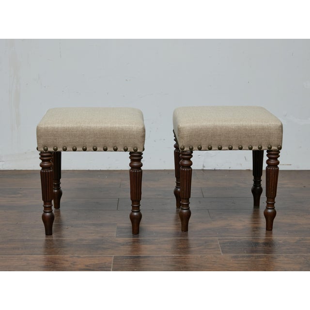English Pair of 19th Century English Oak Stools with Custom Linen Upholstery For Sale - Image 3 of 11