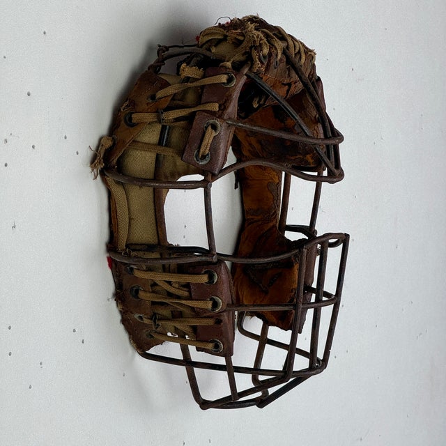 Salvaged Early 20th Century Baseball Catcher's Mask With Metal Cage Guard & Leather Details For Sale In New York - Image 6 of 9