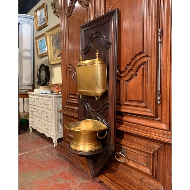 19th Century French Brass Lavabo Fountain on Carved Oak Wall Panel For Sale In Dallas - Image 6 of 13