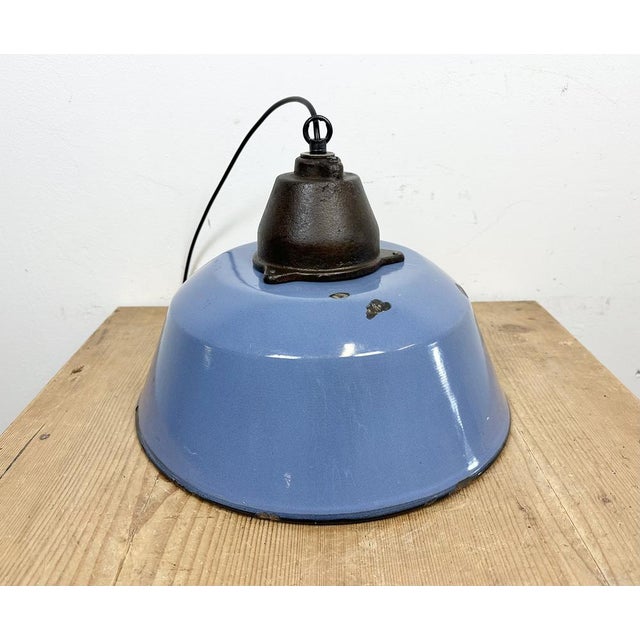 Glass Industrial Blue Enamel and Cast Iron Pendant Light with Glass Cover, 1960s For Sale - Image 7 of 18