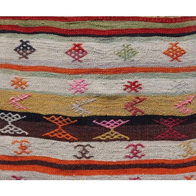 Mid 20th Century Vintage Hand Woven Turkish Kilim Colorful Stripe Runner With Tribal Motifs For Sale - Image 10 of 12