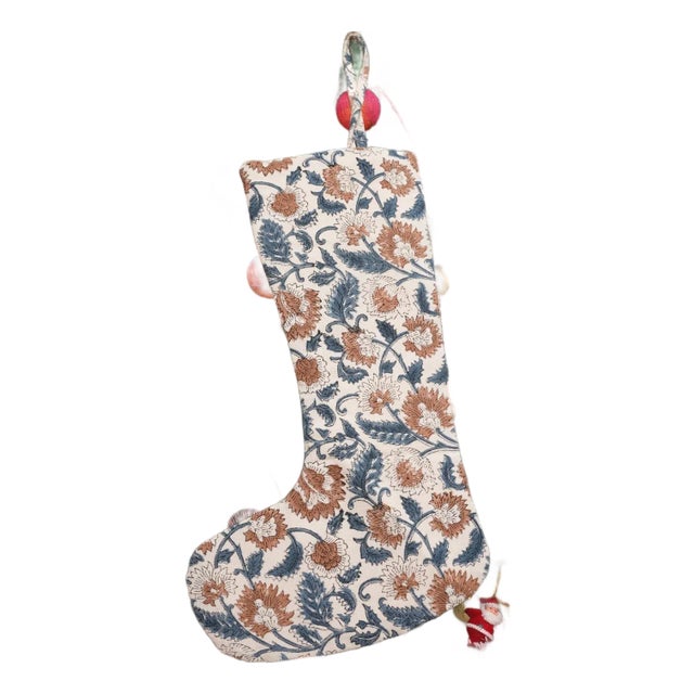 Handmade Cotton Christmas Stocking Holiday Decor, Artisan Hand Block Rinted Design For Sale