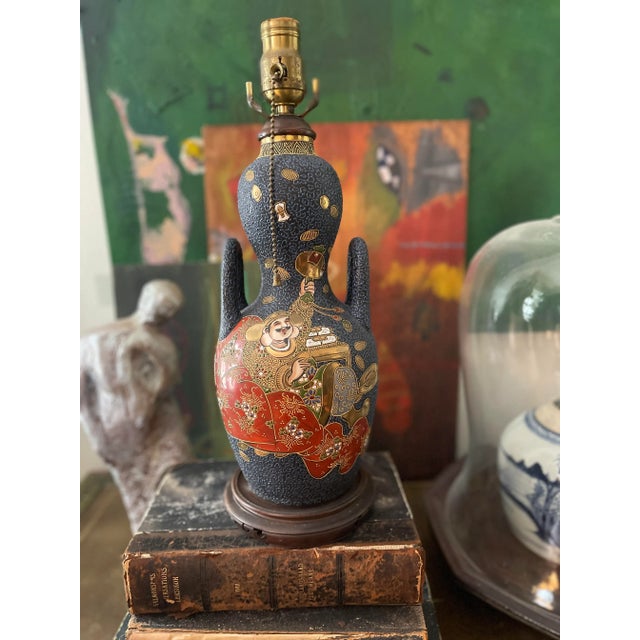Antique Navy Blue Satsuma Lamp For Sale - Image 4 of 12