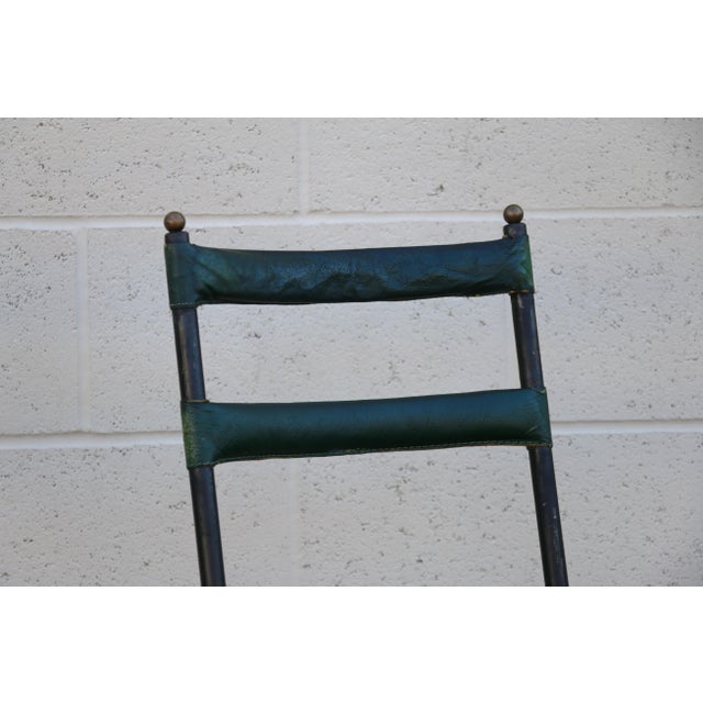 Pair of Jacques Adnet Distressed Green Leather & Black Metal Dining Chairs, France 1950s For Sale In Los Angeles - Image 6 of 18
