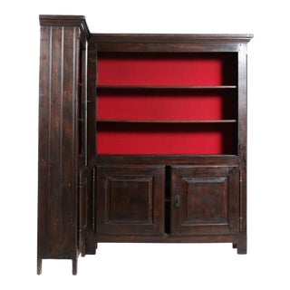 Late 19th-Century Corner Bookcase With Red Upholstered Back For Sale