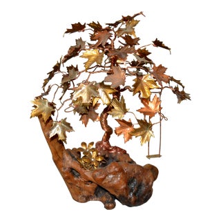 Handcrafted Bonsai Tree Sculpture in Brass, Copper, Bronze on a Burl Wood Base For Sale