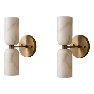 Handcrafted Brass & Natural Alabaster Double Wall Sconces - Pair For Sale
