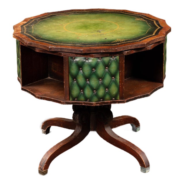 Late 19th Century Victorian Revolving Séance Table With Green Leather Top and Tufted Base For Sale