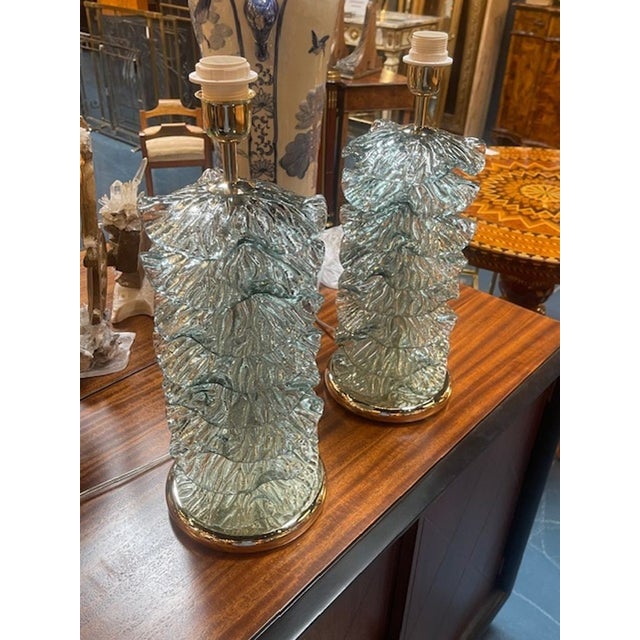 Green Pair of Murano Fontana Green Murano Glass Ruffle Lamps For Sale - Image 8 of 8