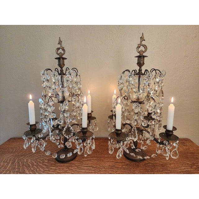 Exquisite Pair of Vintage Crystal Girandole Candelabra 5 Light Mantel Garnitures For Sale - Image 9 of 18