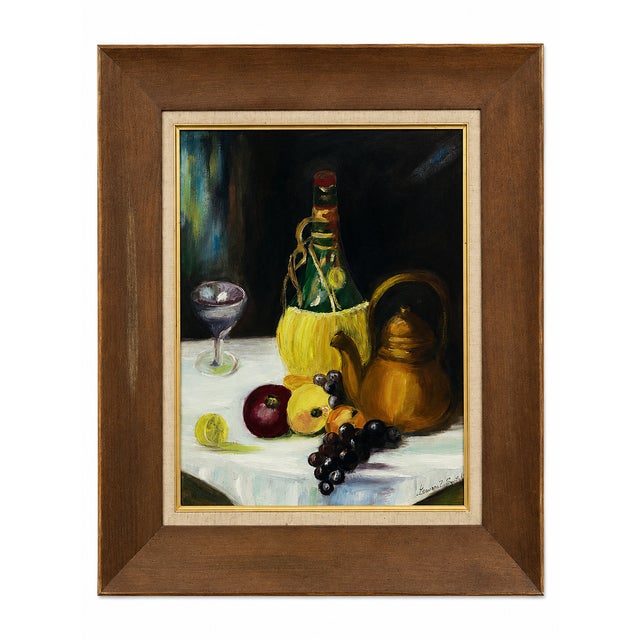 Vintage Signed Original Still Life Painting With Wine Bottle & Fruit, Circa 1960s–1970s For Sale - Image 11 of 11