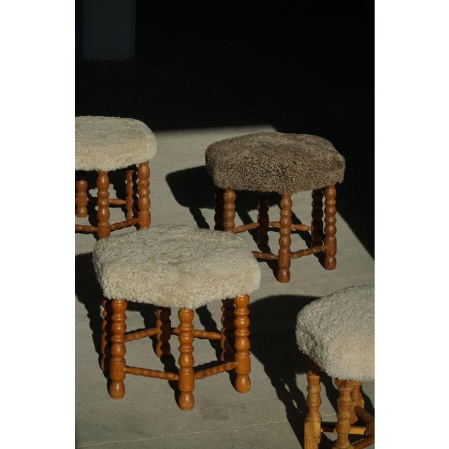 Modern Danish Hexagon Stool in Oak & Lambswool, 1950s For Sale - Image 12 of 16